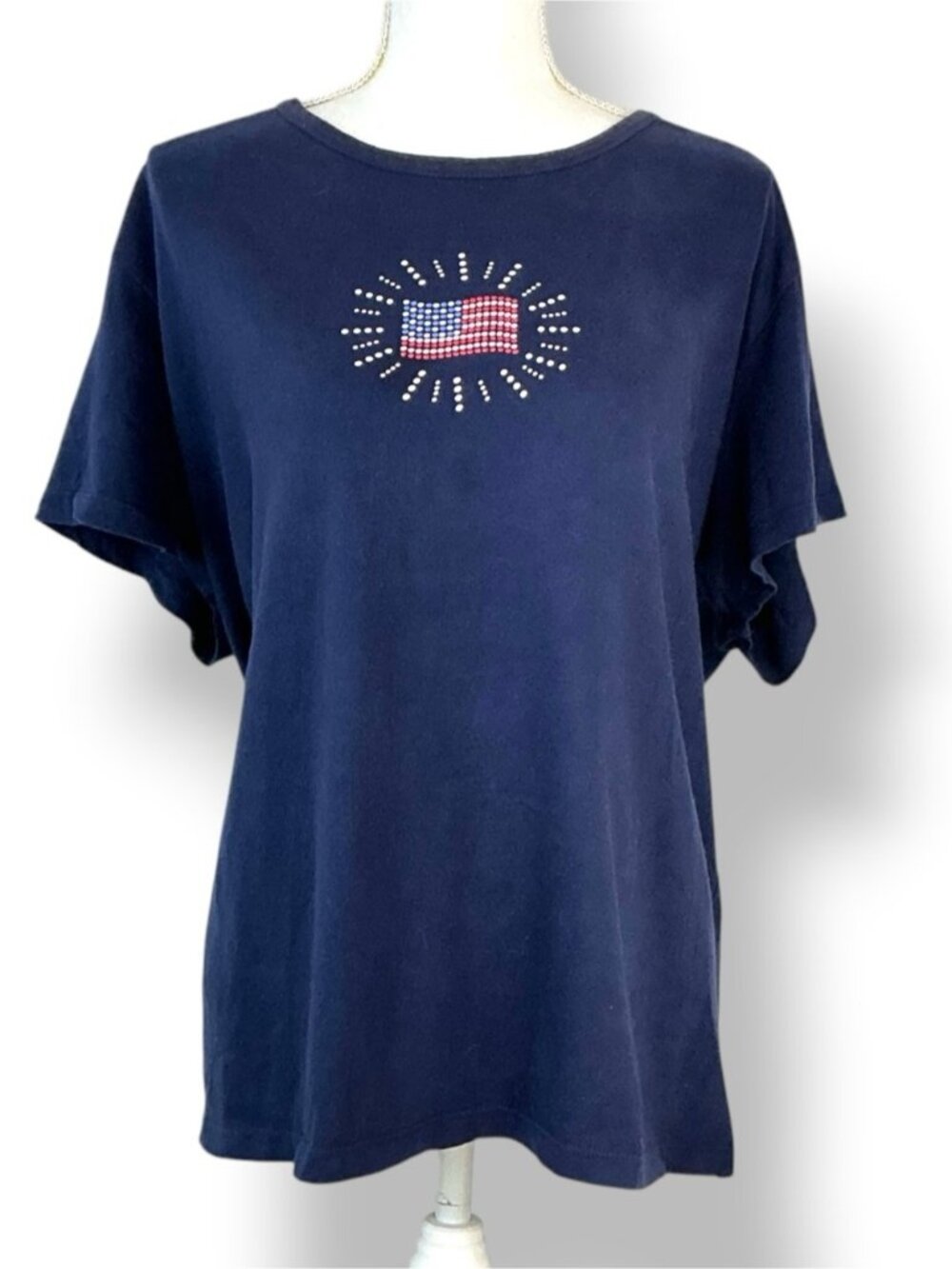 Independence Day Tee Shirt Patriotic 4th of July Flag Top Crewneck Blue Women 3X